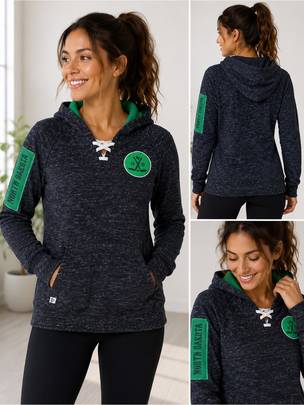 Colosseum North Dakota Hockey Lace-Up Hoodie Women’s Med Green&Charcoal Pullover